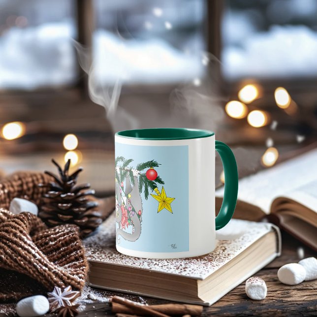 Playful Hanging Christmas Tree Gray Cat Mug (Creator Uploaded)