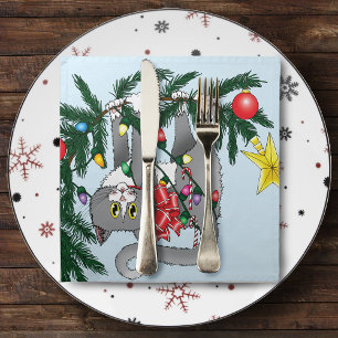 Playful Hanging Christmas Tree Gray Cat Napkin