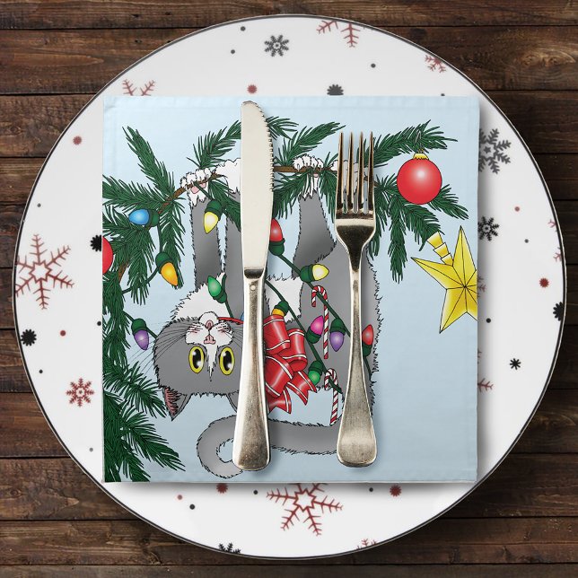 Playful Hanging Christmas Tree Gray Cat Napkin (Creator Uploaded)