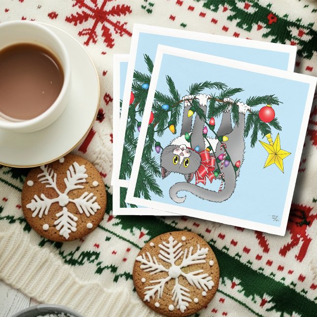 Playful Hanging Christmas Tree Gray Cat Napkins (Creator Uploaded)
