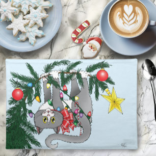 Playful Hanging Christmas Tree Gray Cat Placemat