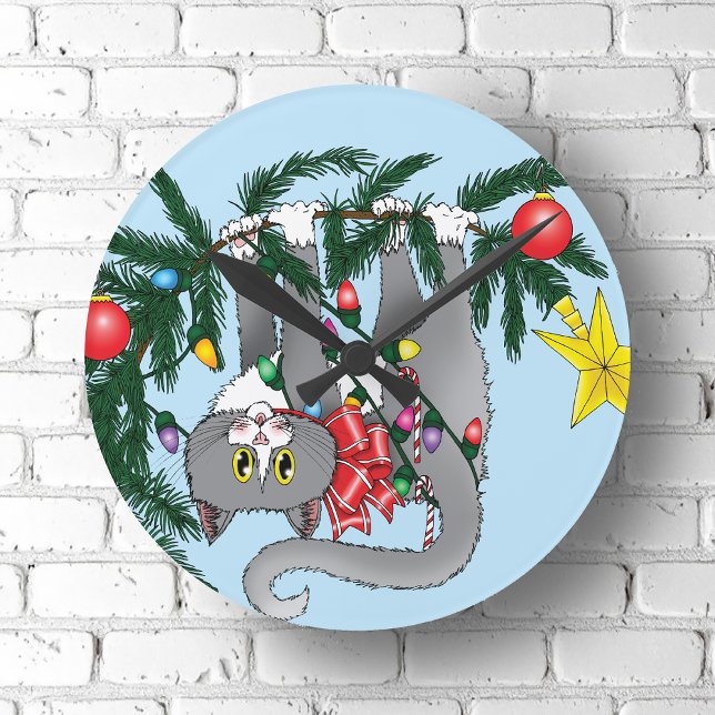 Playful Hanging Christmas Tree Gray Cat Round Clock (Creator Uploaded)