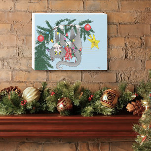 Playful Hanging Christmas Tree Gray Cat Wooden Box Sign
