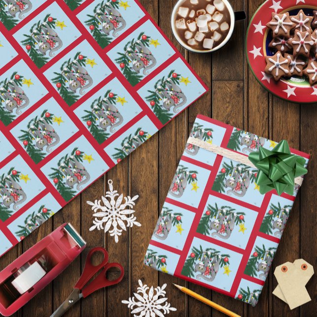 Playful Hanging Christmas Tree Gray Cat Wrapping Paper (Creator Uploaded)