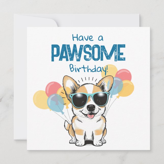 Playful Happy Birthday Cool Corgi Balloons Fun  (Front)
