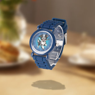 Playful Happy Black Collie on Blue Watch