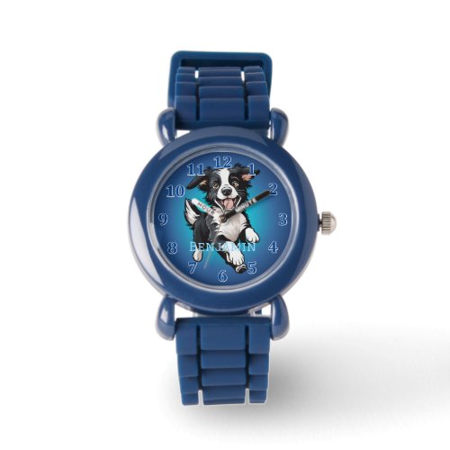 Playful Happy Black Collie on Blue Watch
