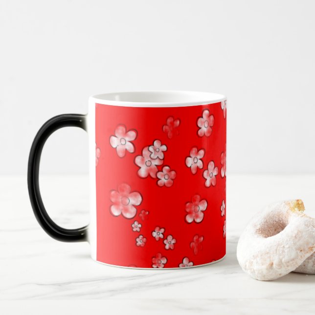 Playful Happy Flowers  - Red - Lovely Coffee Mug (With Donut)