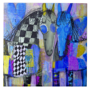 Playful Hearts And Checkerboard Horses Ceramic Tile