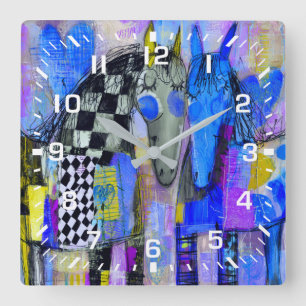 Playful Hearts And Checkerboard Horses Square Wall Clock