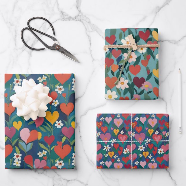 Playful Hearts Floral Wrapping Paper Sheets (Front)