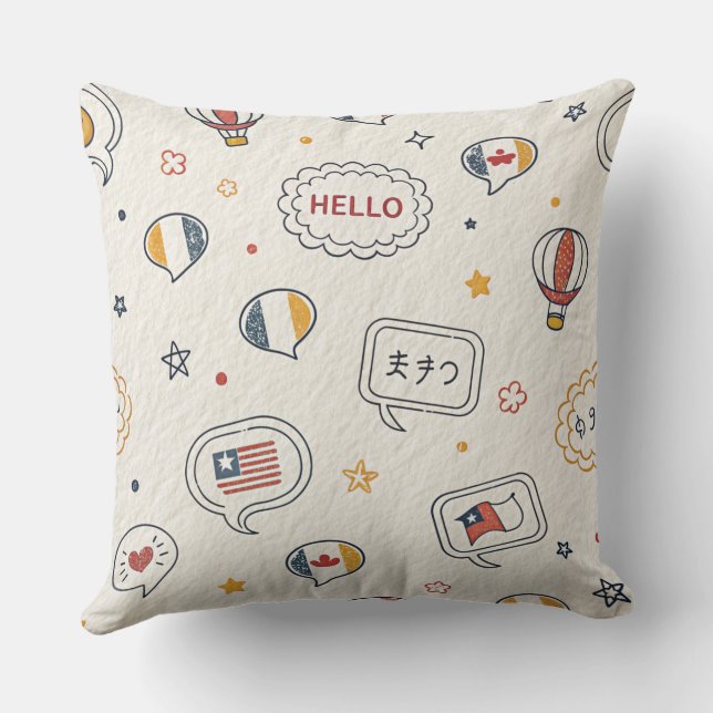 Playful Hello Speech Bubbles Seamless Pattern Throw Pillow (Back)