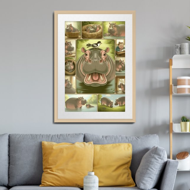Playful Hippo & Bird Art Print – 13 Illustrated  (Living Room 3)