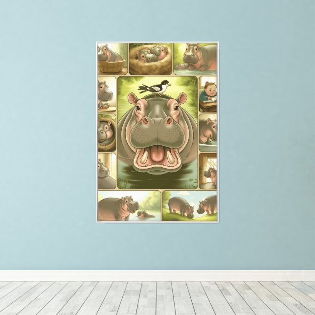 Playful Hippo & Bird Art Print – 13 Illustrated  (Insitu(Wood Floor))