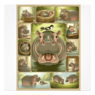 Playful Hippo & Bird Art Print – 13 Illustrated