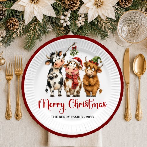 Playful Holiday whimsical cow watercolor christmas Paper Plates