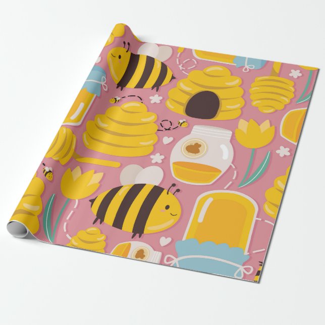 Playful Honeybee and Hive Pattern Wrapping Paper (Unrolled)