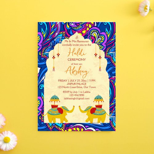 Playful Indian wedding elephants blue yellow haldi Invitation