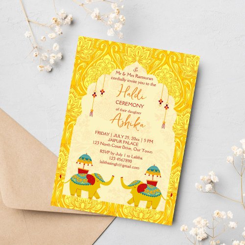 Playful Indian wedding elephants yellow haldi Invitation