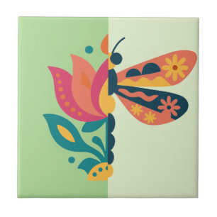 Playful insect and flower graphic design ceramic tile