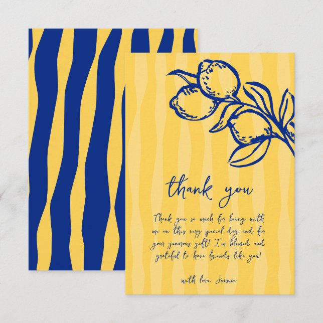 Playful Italian Blue Lemon & Stripes Bridal Shower Thank You Card (Front/Back)
