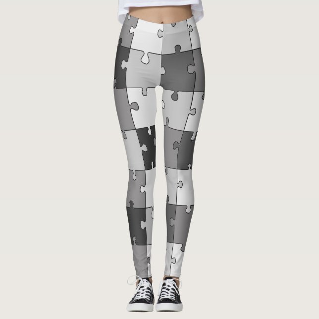 Playful Jigsaw Puzzle Gray Tones Leggings (Front)