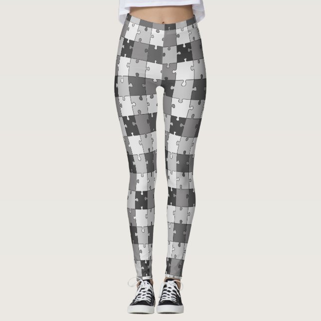 Playful Jigsaw Puzzle Gray Tones Leggings (Front)