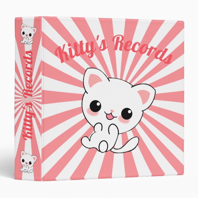 Playful Kawaii White Kitten Custom 3 Ring Binder (Front/Spine)