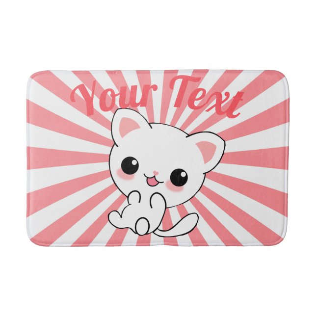 Playful Kawaii White Kitten Custom Bath Mat (Front)