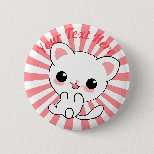 Playful Kawaii White Kitten Custom Button (Front)