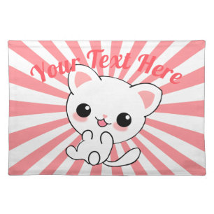 Playful Kawaii White Kitten Custom Cloth Placemat
