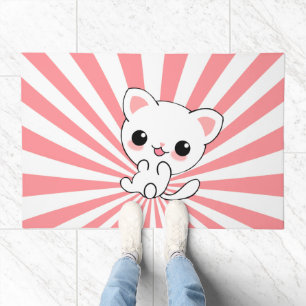 Playful Kawaii White Kitten Custom Doormat