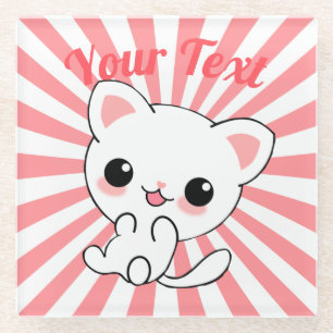 Playful Kawaii White Kitten Custom Glass Coaster