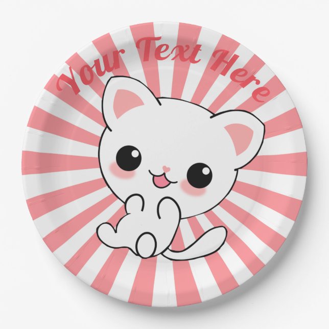 Playful Kawaii White Kitten Custom Paper Plates (Front)