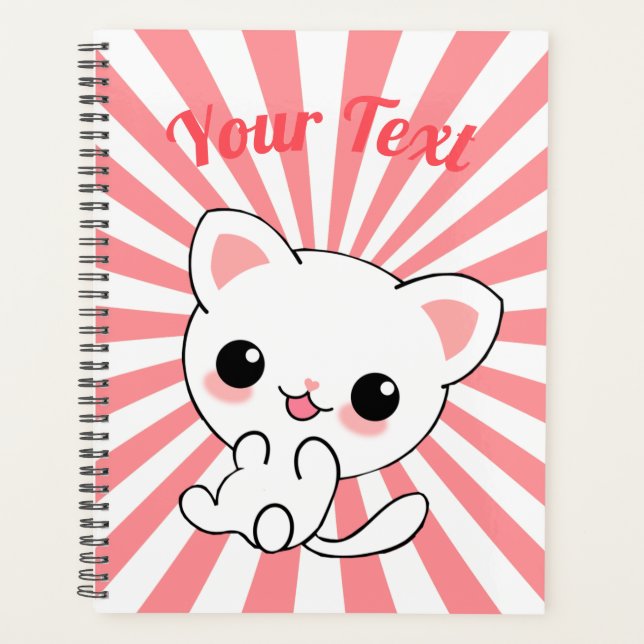 Playful Kawaii White Kitten Custom Planner (Front)