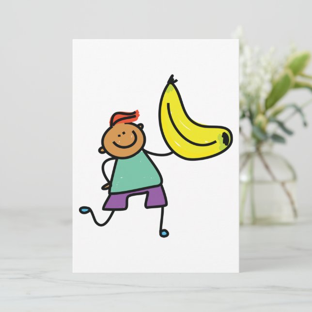Playful Kid Holding Big Yellow Banana Invitation (Standing Front)