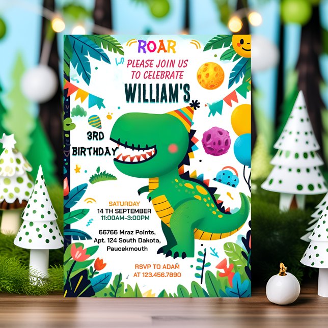 playful kids cute boys T three 3 rex 3rd birthday Invitation (Creator Uploaded)