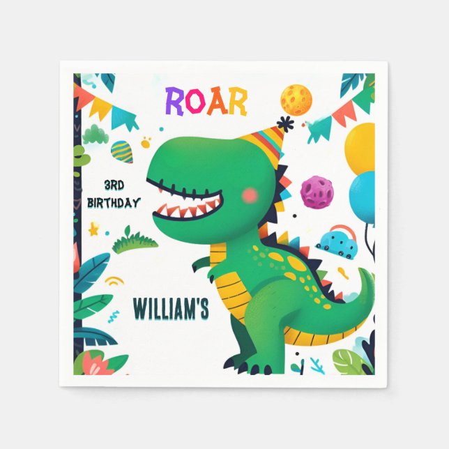 playful kids cute boys T three 3 rex 3rd birthday Napkins (Front)