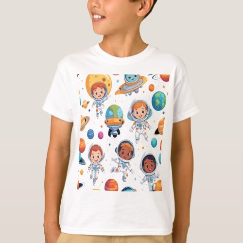 Playful Kids in Space Suits with Alien Friends  T-Shirt