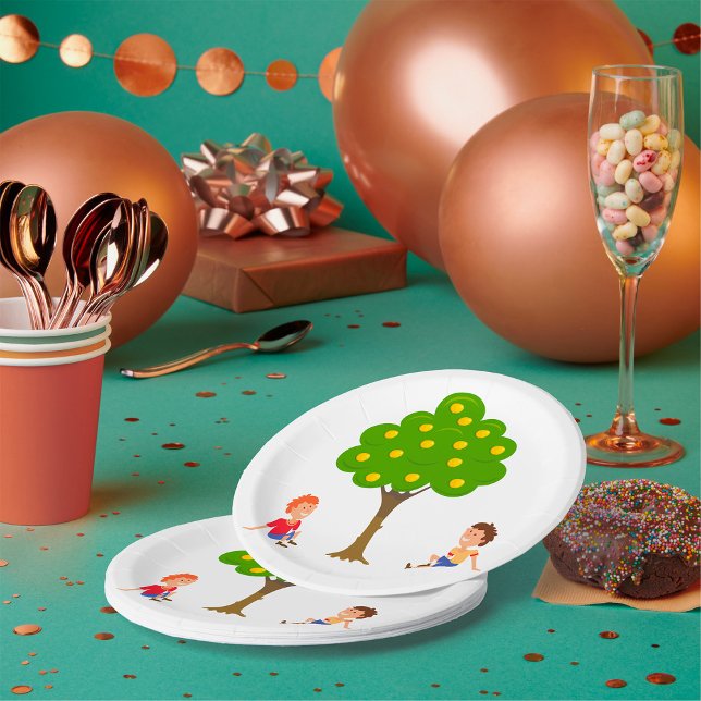 Playful Kids Sitting Under an Apple Tree Paper Plates (Creator Uploaded)