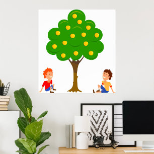 Playful Kids Sitting Under an Apple Tree Poster