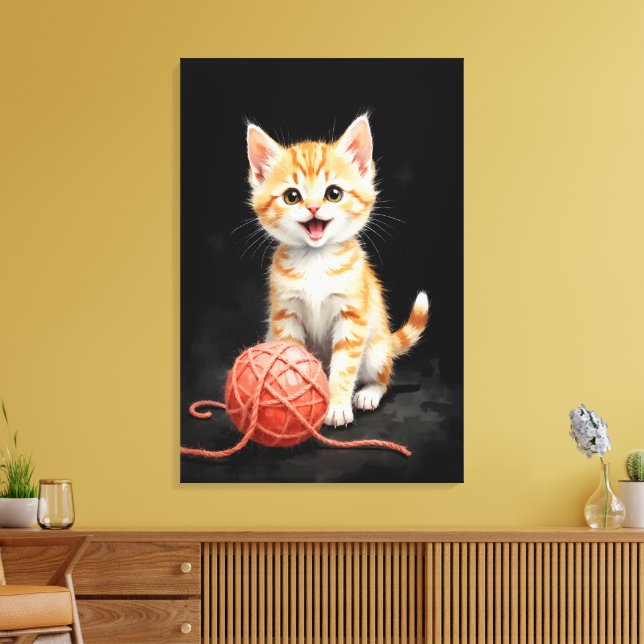 Playful Kitten Cat with Yarn Watercolor Print (Insitu(LivingRoom))