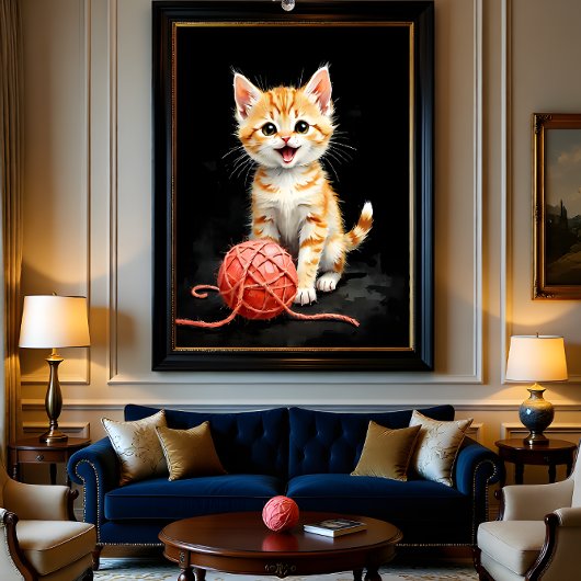 Playful Kitten Cat with Yarn Watercolor Print