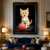Playful Kitten Cat with Yarn Watercolor Print