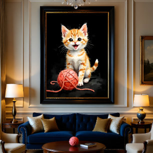 Playful Kitten Cat with Yarn Watercolor Print