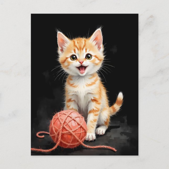 Playful Kitten Cat with Yarn Watercolor Print Holiday Postcard (Front)