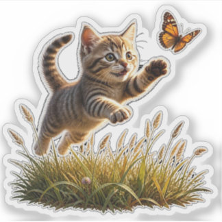 Playful Kitten Chasing Butterfly Sticker