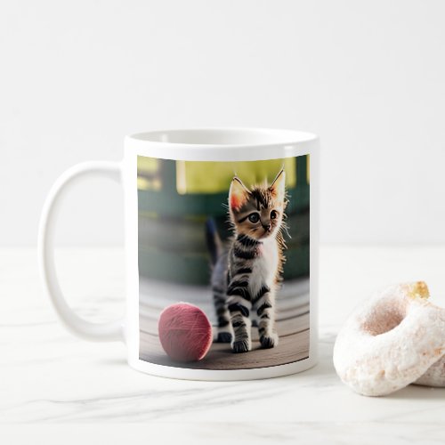 Playful Kitten Next to a Ball of Yarn Mug