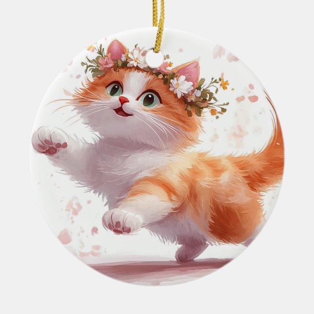 Playful Kitten with Daisy Flower Crown Ceramic Ornament (Front)