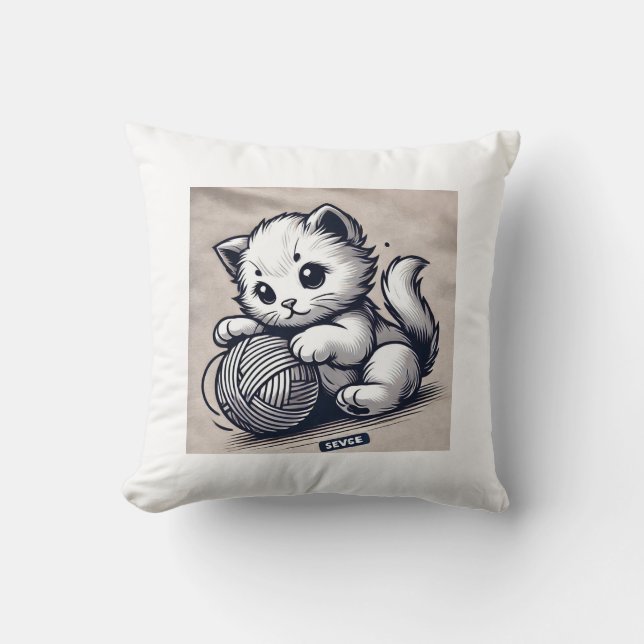 Playful Kitten with Yarn – Adorable Ink Art Throw Pillow (Front)